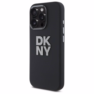 DKNY skystos silikoninės medžiagos dėklas telefonui su metaliniu logotipu iPhone 16 Pro Max - juodas