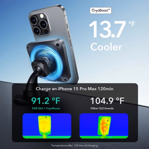 ESR HALOLOCK CRYOBOOST MAGNETINIS MAGSAFE PRIETAISŲ SKYDELIO IR VENTILIACIJOS AUTOMOBILINIS LAIKIKLIS BELAIDIS ĮKROVIKLIS QI2 15W FROSTED ONYX
