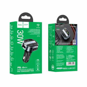 Automobilinis įkroviklis Hoco USB A + USB C PD QC3.0 5A 30W su skaitmenine indikacija + siųstuvas FM BT E70 obsidianinis juodas