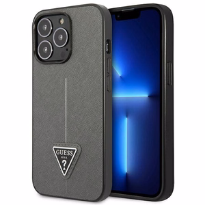 Guess GUHCP14XPSATLG iPhone 14 Pro Max 6.7" sidabrinis kietasis dėklas Saffiano Triangle Logo