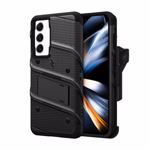ZIZO BOLT Series šarvuoto dėklo rinkinys, skirtas Samsung Galaxy S23+, su 9H ekrano stiklu, integruota atrama ir prie diržo segamu laikikliu, juodas