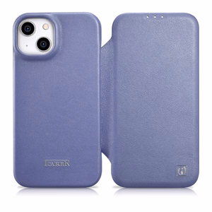 iCarer CE Premium odinis folio dėklas iPhone 14 Plus magnetinis atverčiamas odinis folio dėklas MagSafe šviesiai violetinė