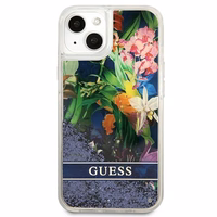 Guess GUHCP13SLFLSB iPhone 13 mini 5.4" mėlynas kietas dėklas gėlių skystas blizgučiai