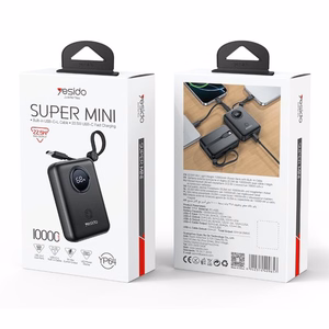 YESIDO POWERBANK YP64 10000mAh 22,5W LED USB-A+C + USB-C/LIGHTNING LAIDAS juodas