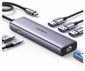 Ugreen CM512 15598 6in1 šakotuvas USB-C - 3x USB-A 3.0 / HDMI / RJ45 / USB-C PD - pilkas
