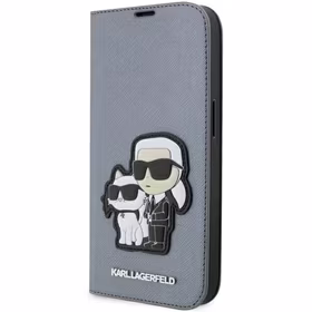 Karl Lagerfeld KLBKP14LSANKCPG iPhone 14 Pro 6.1" knygos tipo dėklas sidabrinis Saffiano Karl & Choupette
