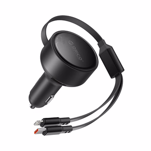 Orico Dual Stretch 60W USB-C automobilinis įkroviklis su dviem sutraukiamais USB-C + Lightning laidais - juodas