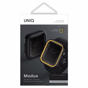 Uniq Moduo dėklas Apple Watch 4/5/6/7/8/9/SE/SE2 44/45mm - juodas ir garstyčios