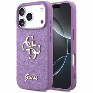 Guess Fiksuotas Blizgus Didelis 4G dėklas telefonui iPhone 17 Pro - violetinė