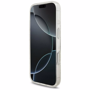 Guess IML Flowers Allover Electroplated MagSafe dėklas su perlų dirželiu, skirtas iPhone 18 Pro / 17 Pro – spalva: balta