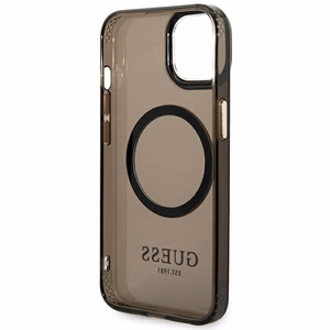 Guess GUHMP14MHTCMK iPhone 14 Plus 6.7" juodas/juodas kietas dėklas Auksinis kontūras Pusiau permatomas Magnetinis