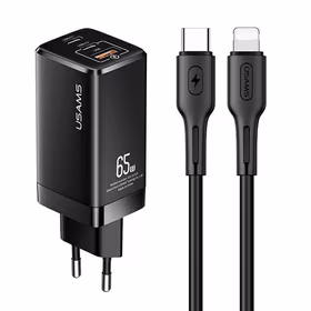 USAMS Tinklo įkroviklis MT 2xUSB-C+USB GaN 65W T33 PD + Laidas USB-C-Lightning 30W Fast Charging juodas MTXLOGTL01