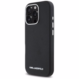Karl Lagerfeld Saffiano pilnai aptrauktas pailgo metalinio logotipo magnetinis dėklas telefonui iPhone 16 Pro Max - juodas