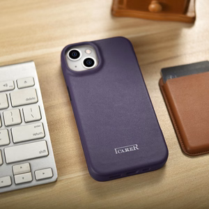 iCarer CE Premium odinis folio dėklas iPhone 14 Plus magnetinis atverčiamas odinis folio dėklas MagSafe tamsiai violetinė