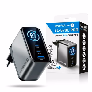 everActive GaN 67W – 67 W GaN tinklo įkroviklis su 1× USB-A ir 2× USB-C, Quick Charge 4+, juodas