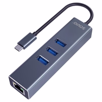 Savio AK-57 USB-C - 3 x USB-A šakotuvas su RJ-45 Gigabit Ethernet adapteriu, 5000 Mbps, pilkos spalvos