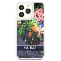 Guess GUHCP13LLFLSB iPhone 13 Pro / 13 6.1" mėlynas kietas dėklas gėlių skystas blizgučiai