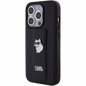 Karl Lagerfeld dėklas telefonui su stovu Gripstand Saffiano Choupette Pins iPhone 15 Pro - juodas