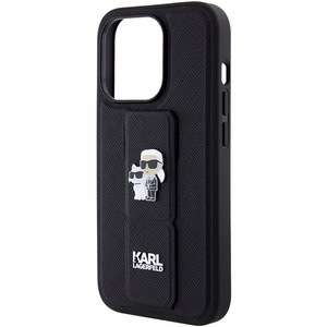 Karl Lagerfeld dėklas telefonui su stovu Gripstand Saffiano Karl&Choupette Pins iPhone 15 Pro - juodas