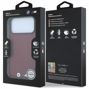 BMW dėklas, skirtas iPhone 18 Pro / 17 Pro: (Carbon Metal Logo), suderinamas su MagSafe, spalva – bordo