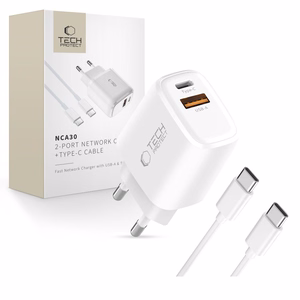 Tech-Protect NCA30 PD 30W QC3.0 USB-A / USB-C sieninis įkroviklis + USB-C / USB-C kabelis 100cm - baltas