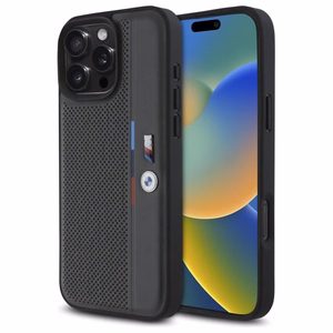 BMW M perforuota trispalvė linija iPhone 16 Pro dėklas - tamsiai pilkas