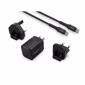 Energizer Ultimate A20MUC GaN kelioninis tinklo įkroviklis su EU / UK / US kištukais, USB-C, 20 W PD, su USB-C laidu, juodas