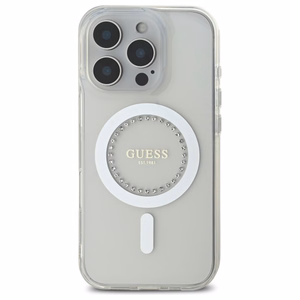 Guess IML Rhinestones magnetinis dėklas telefonui iPhone 16 Pro - baltas