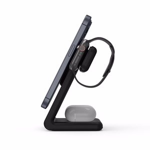 Crong MagSpot Pivot Stand 3 viename belaidis įkroviklis, skirtas iPhone, Apple Watch ir AirPods, suderinamas su MagSafe, juodas