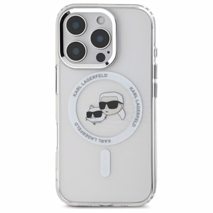 Karl Lagerfeld IML Metal Karl&Choupette Head magnetinis dėklas telefonui iPhone 16 Pro - baltas