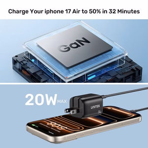 Unitek GaN tinklo įkroviklis USB-A ir USB-C 20W juodas