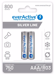Įkraunamos baterijos everActive Ni-MH R03 AAA 800 mAh Silver Line - 2 vnt.