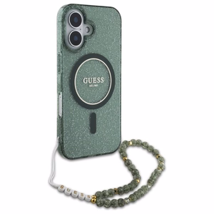 Guess IML Blizgantis su perlo dirželiu Magnetinis dėklas telefonui iPhone 16 Plus - žalias