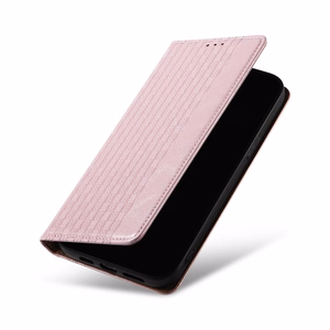 Magnetinis dirželio dėklas telefonui iPhone 14 Plus su atverčiamu dangteliu, pinigine, mini dirželiu ir stovu, rožinis