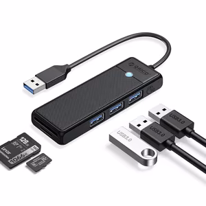 Orico PAPW3AT-U3 USB šakotuvas 4 prievadų 3x USB-A 3.0 su microSD/SD kortelių skaitytuvu 1m - juoda
