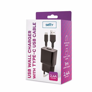 "Setty" įkroviklis 1x USB 2,4A juodas + USB-C kabelis 1,0 m NAUJIENA