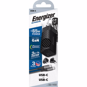 Energizer Ultimate A65MUC GaN kelioninis tinklo įkroviklis su EU / UK / US kištukais, USB-C + USB-A, 65 W PD, su USB-C laidu, juodas