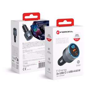 FORCELL F-ENERGY Alu automobilinis įkroviklis 2 x Type C + USB A PD QC4.0 SFC 2.0 4,5A 65W pilkas
