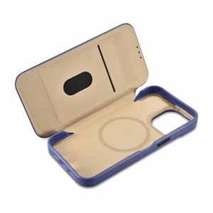 iCarer CE Premium odinis folio dėklas iPhone 14 Pro Max magnetinis atverčiamas odinis folio dėklas MagSafe šviesiai violetinė