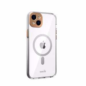 Moshi iGlaze dėklas, skirtas iPhone 14 Plus, suderinamas su MagSafe, skaidrus su „Sunset Gold“ spalvos detalėmis