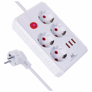 Maclean MCE393 W – ilgintuvas su lizdais, 4 lizdai + 3×USB, 110–240 V AC, 50/60 Hz, 2,1 A, iki 2500 W, 3 m, baltas