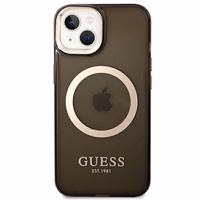 Guess GUHMP14MHTCMK iPhone 14 Plus 6.7" juodas/juodas kietas dėklas Auksinis kontūras Pusiau permatomas Magnetinis