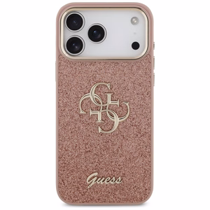 Guess Fiksuotas Blizgus Didelis 4G Metalinis rėmas dėklas telefonui iPhone 17 Pro Max - rožinis