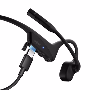 SHOKZ OpenComm2 UC 2025 belaidės Bluetooth kaulų laidžiavimo ausinės vaizdo konferencijoms su USB-C įkrovimo jungtimi ir USB-C adapteriu, triukšmą slopinančiu mikrofonu, juodos