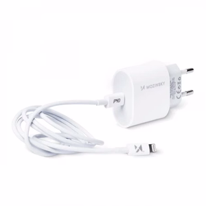 Įkroviklis Wozinsky Quick Charge, baltas PD 20W + Type-C / Lightning baltas laidas 100cm