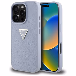 Guess Hot Stamp 4G Pattern Triangle Metal Logo dėklas telefonui iPhone 16 Pro Max - violetinis