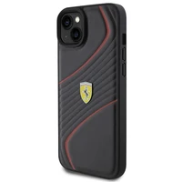 Ferrari dygsniuotas metalo logotipa dėklas iPhone 15 Plus – juodas