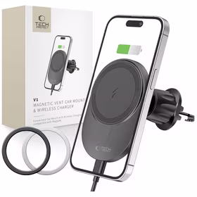 Tech-Protect MM15W-V1 automobilinis telefono laikiklis su MagSafe 15W indukciniu įkrovikliu, tvirtinamas prie oro angos - juodas