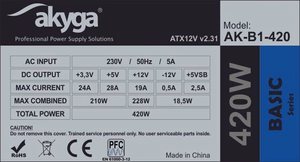 Akyga AK-B1-420 maitinimo blokas 420 W 20+4 pin ATX ATX pilkas