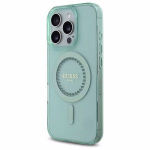 Guess IML Rhinestones Magnetinis dėklas telefonui iPhone 16 Pro - žalias